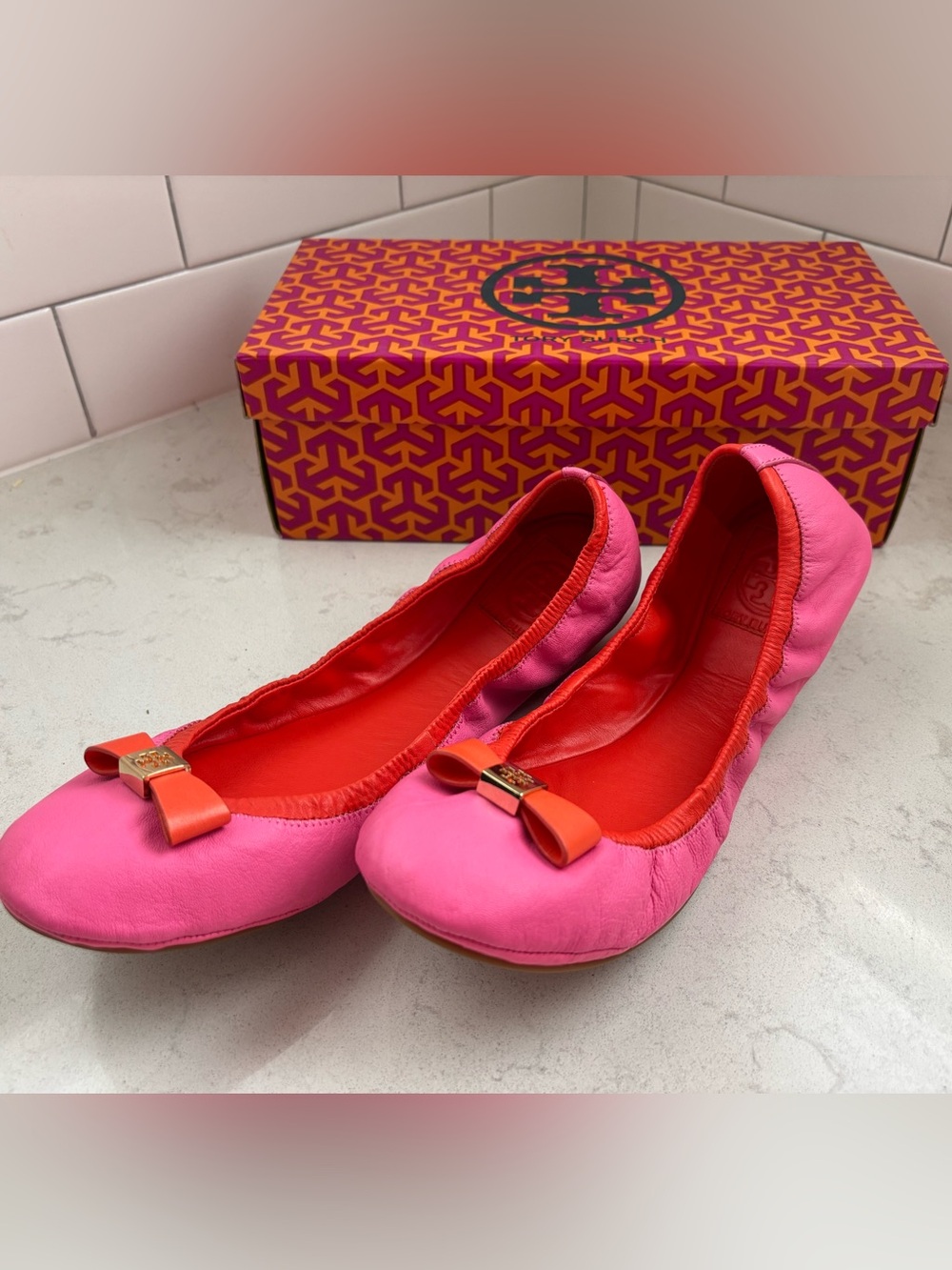 Tory Burch Pink Leather Bow Ballet Flats